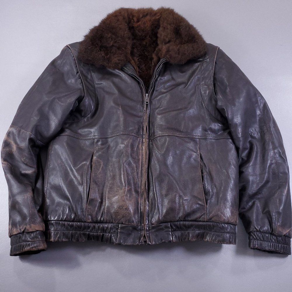 Alan Michael Leather Opossum Lined Flight Bomber Jacket Distressed Mens Size 38